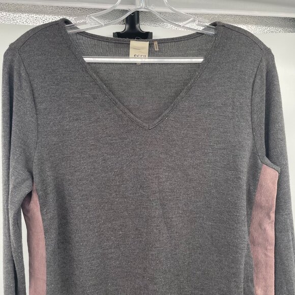 Ecru Women's Leather Trimmed Top Long Sleeve Gray/Mauve Size Small - Picture 2 of 9